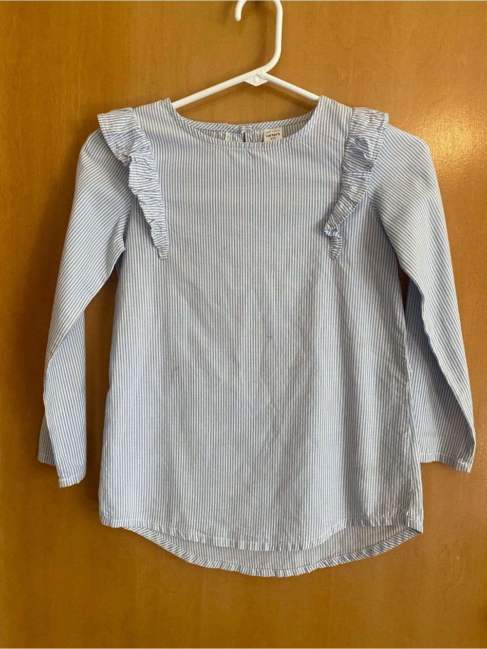 Carter's Blue & White Pinstripe Ruffle Shoulder Long-Sleeve Top